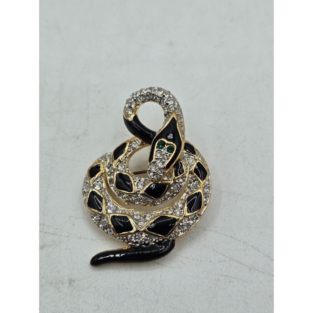 Vintage Black Enameled and Gold Tone Coiled SNAKE Brooch with Green Eyes